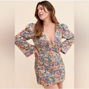 For Love & Lemons June Bell Sleeve Checkered Floral Print Mini Dress Size Medium